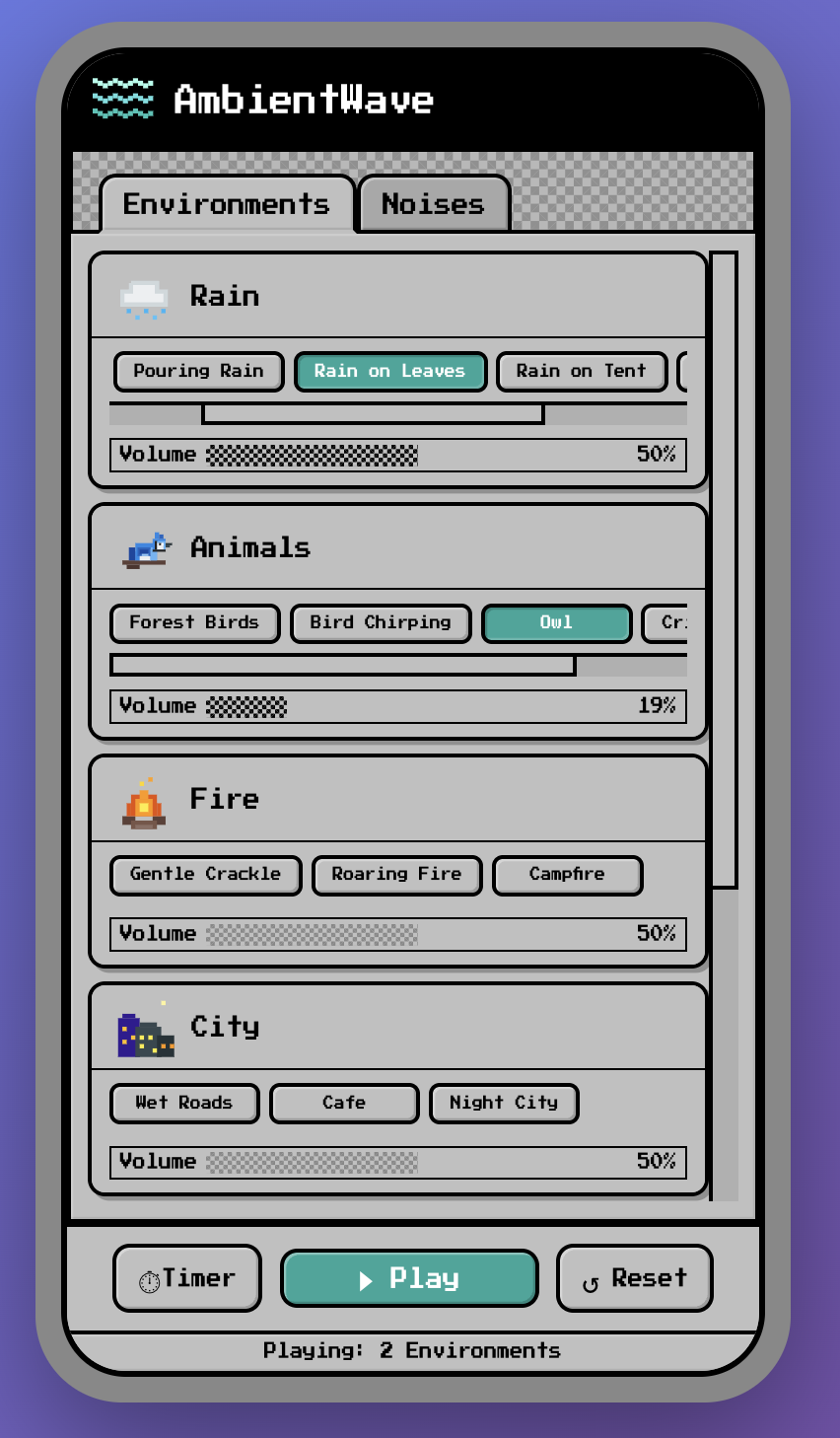 AmbientWave environments tab with rain and nature sounds