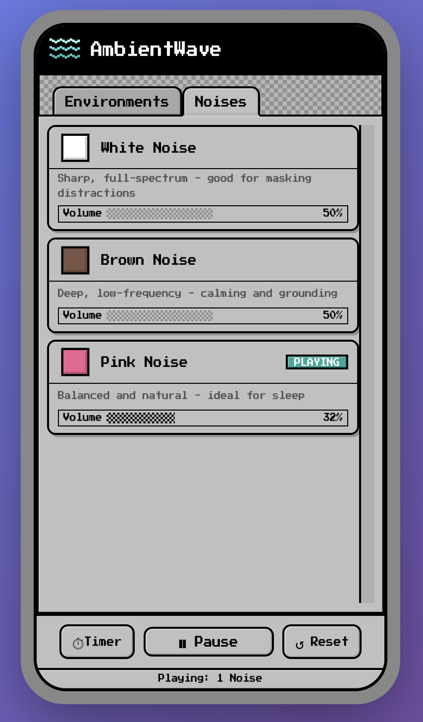AmbientWave noises tab with white, brown, and pink noise